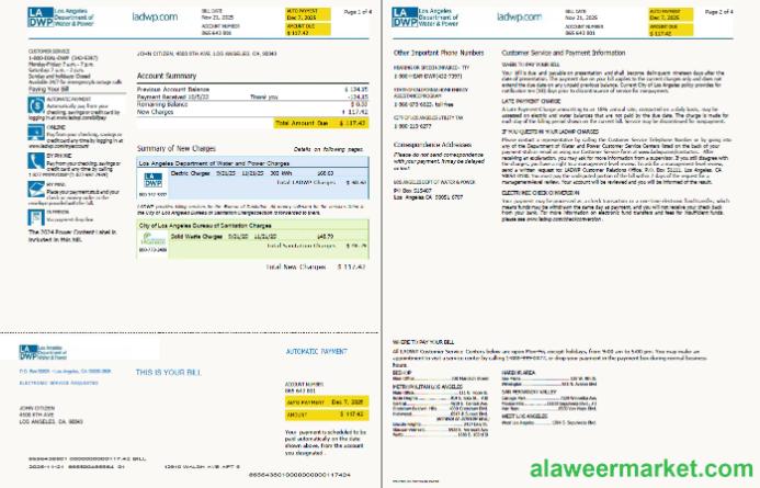 USA LA DWP utility bill template in Word and PDF formats, 4 pages, version 2, 1-2 pages